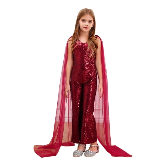 MSemis Kids Flower Girls Tulle Cape One-Piece Jumpsuit V Neck High Waist Wide Leg Pants for Burgundy 8