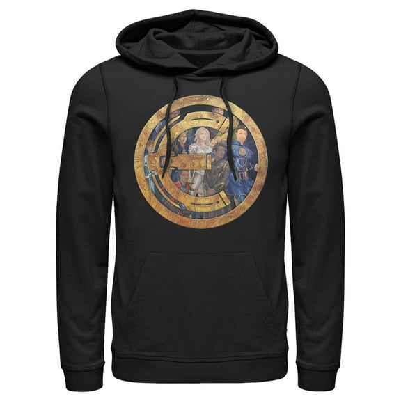 Men's Marvel Eternals Group Gold Badge Pull Over Hoodie Black 3X Large