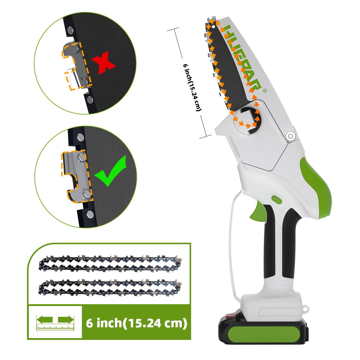Huepar 6 inch Portable Chainsaw, Chain Speed 32.8ft/s, Cordless Power Chain Saws with 2 Batteries , Mini Handheld Electric Chainsaw for Tree Trimming Branch Wood Cutting CS061