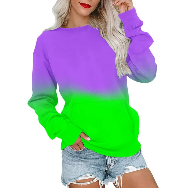 Mrat Chandail en Molleton pour Femmes Ample Col Rond Manches Longues Chemise Ample Imprimée Blouse à Capuche Zippée Blouse Sans Capuche avec Poche Hauts Vert TG