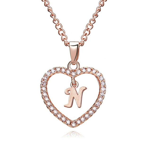 pitrice 26 Letters N Heart Shape Pendant Necklace Rhinestone Rose Golden Clavicular Chain Jewelry Couple Gift