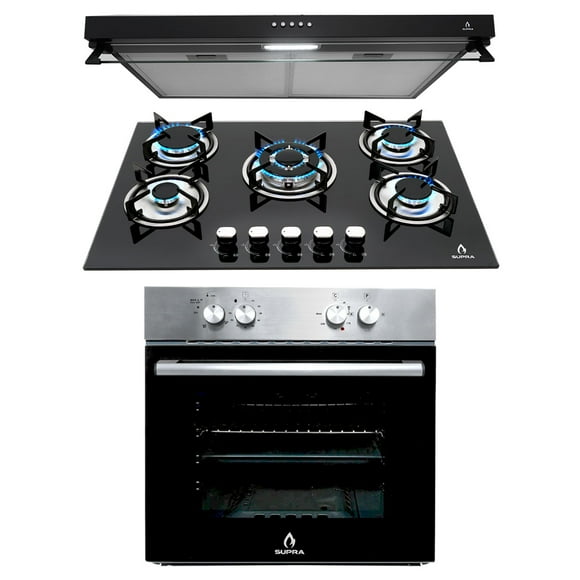 Tricombo Supra, parrilla de 5 quemadores con cristal templado, campana negra y horno de gas