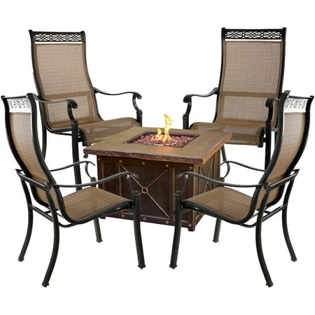 Hanover Monaco 5-Piece Fire Pit Chat Set with 4 Sling Dining Chairs and a 40 000 BTU Durastone Propane Fire Pit Coffee Table