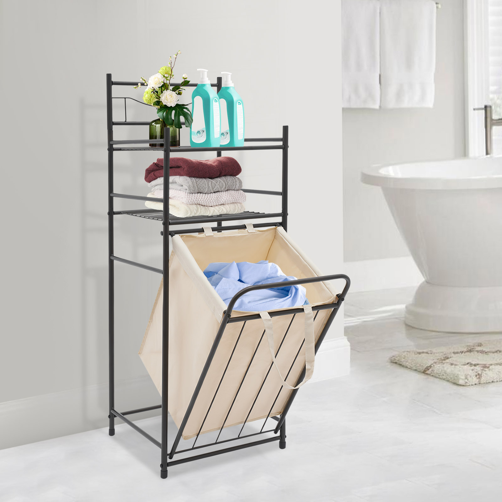 3-Tier Laundry Storage Basket Rack Laundry Rack with Removable Bag Laundry Basket with Shelf for Homes