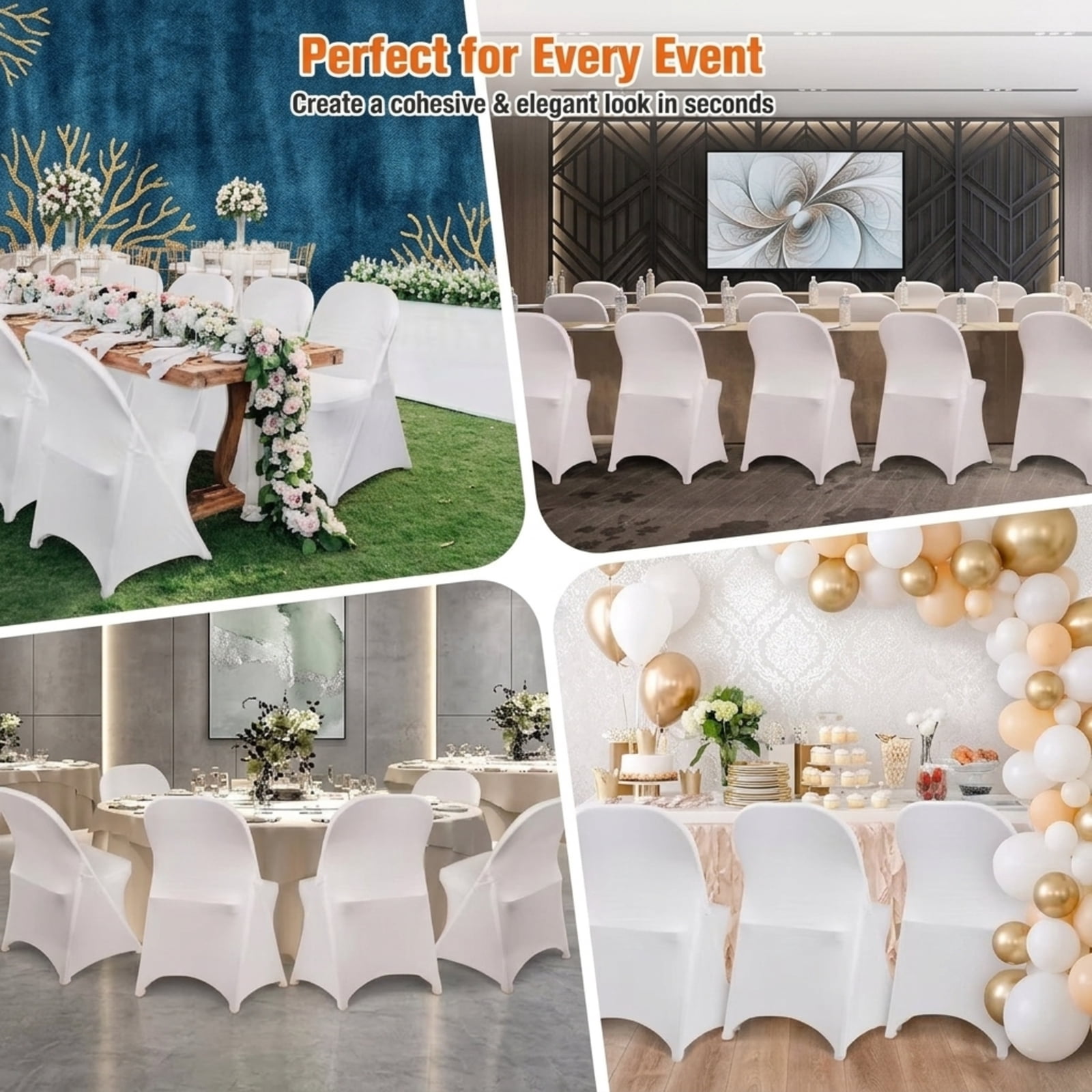 Fenbeli Stretch Folding Chair Covers 12 Pack, White Washable Spandex Slipcovers with Elastic Foot Pockets, Universal Fit for Weddings Banquets Parties and Events