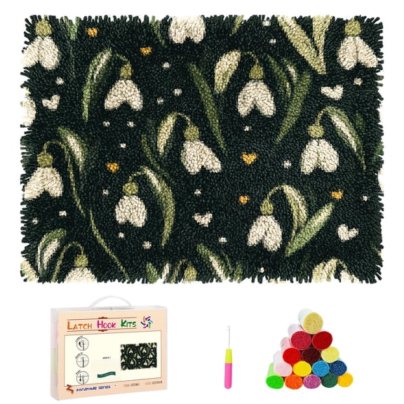 DIY Latch Hook Rug Kits Snowdrops Flower in White Dark Green Background Stamped Non-slip Mat Crochet Yarn Hook and Latch Emboridery Tapestry for Home Floor Decor and Pet Warm Cushion 52x38cm(1)