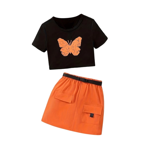 WUANDIXFA Girls Clothes 2PCS Butterfly Print Short Sleeve T-Shirt Denim Skirt Shorts Set Teen Tween Girls Summer Outfits Set (Red, 5-6 Years)