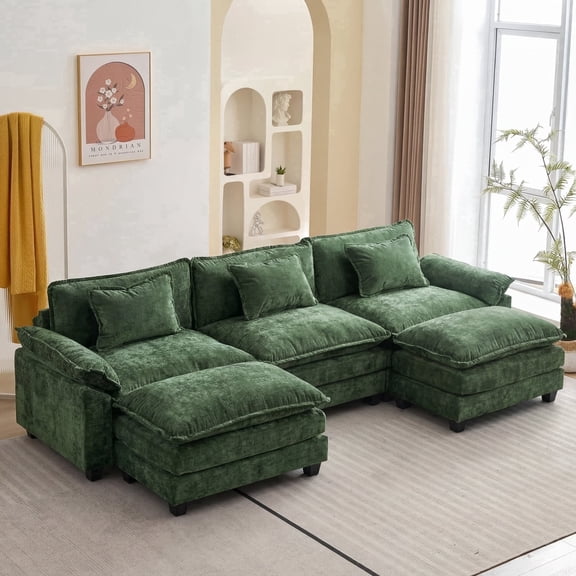 IPKIG 5-Seat Sectional Sofa with Ottoman, Modern Sleeper Couch in Green Chenille Fabric for Living Room, Deep Seating Cloud Couch with Pillows