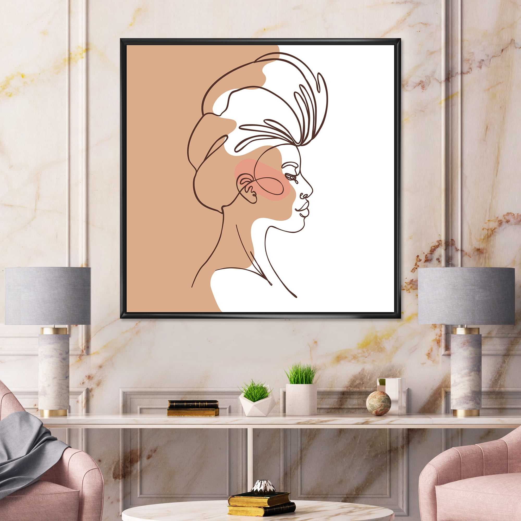 Designart 'One Line Portrait of Afro American Woman II' Modern Framed Canvas Wall Art Print