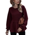 thumbnail image 1 of Women Fall Top Long Latern Sleeve Crewneck Ruffle Hem Pure Color Drop Shoulder Blouse for Lady, 1 of 5