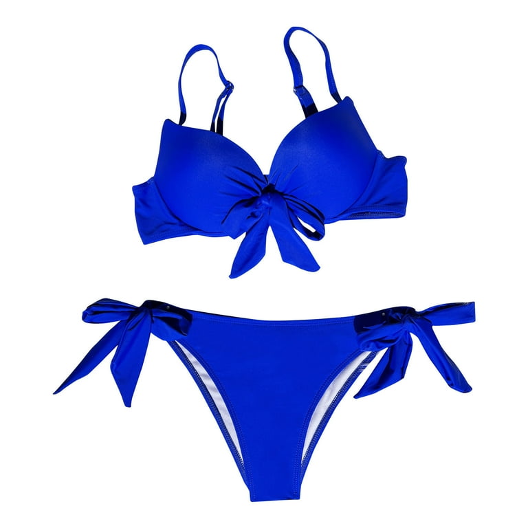 RQYYD Reduced Women's Two Piece Push Up Swimsuit Solid Knot Side Tie Bikini  Set Blue S