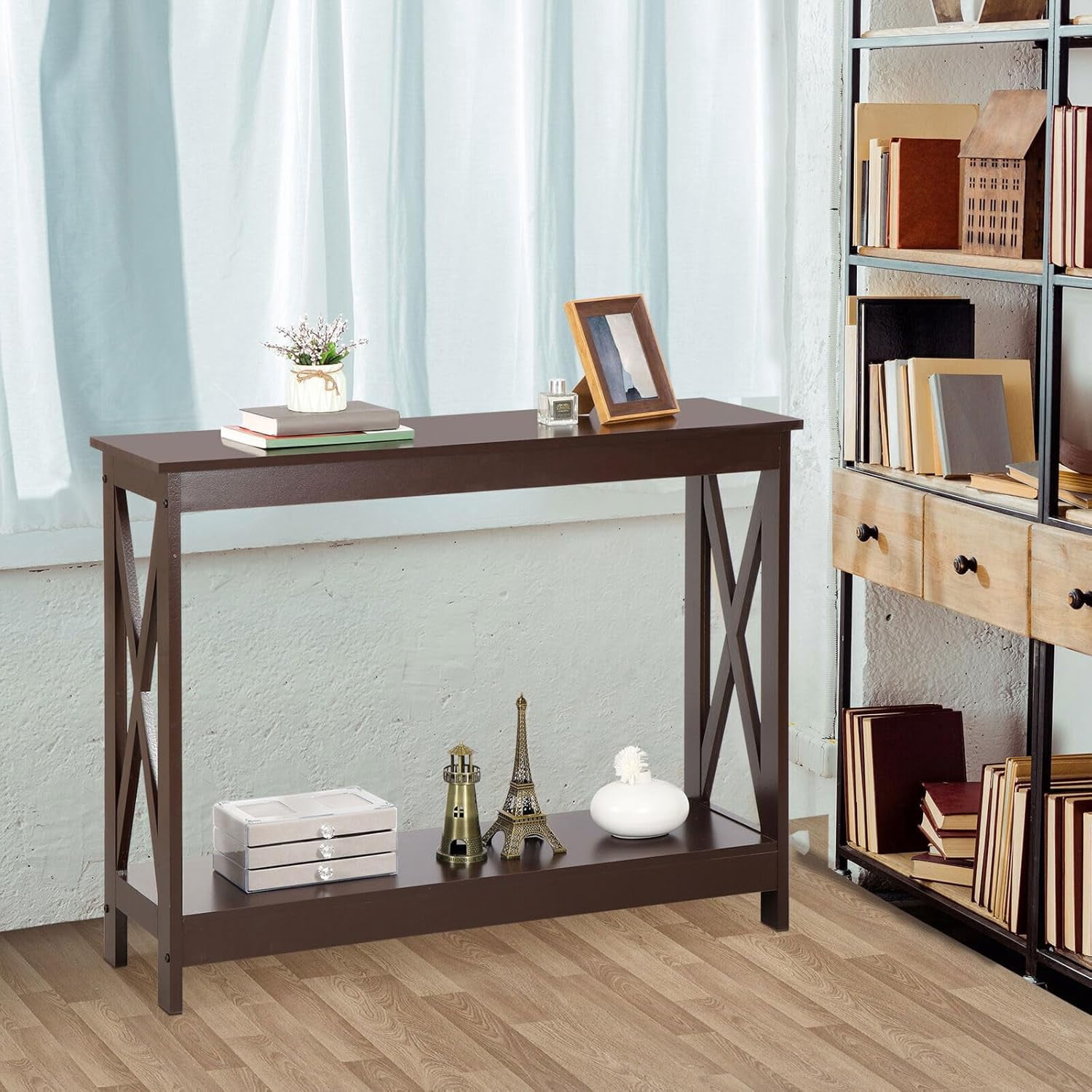 Console Table 2-Tier with Storage Shelf,X-Design Bookshelf Narrow Accent Table for Entryway Hallway Living Room Sofa Side Table,Black