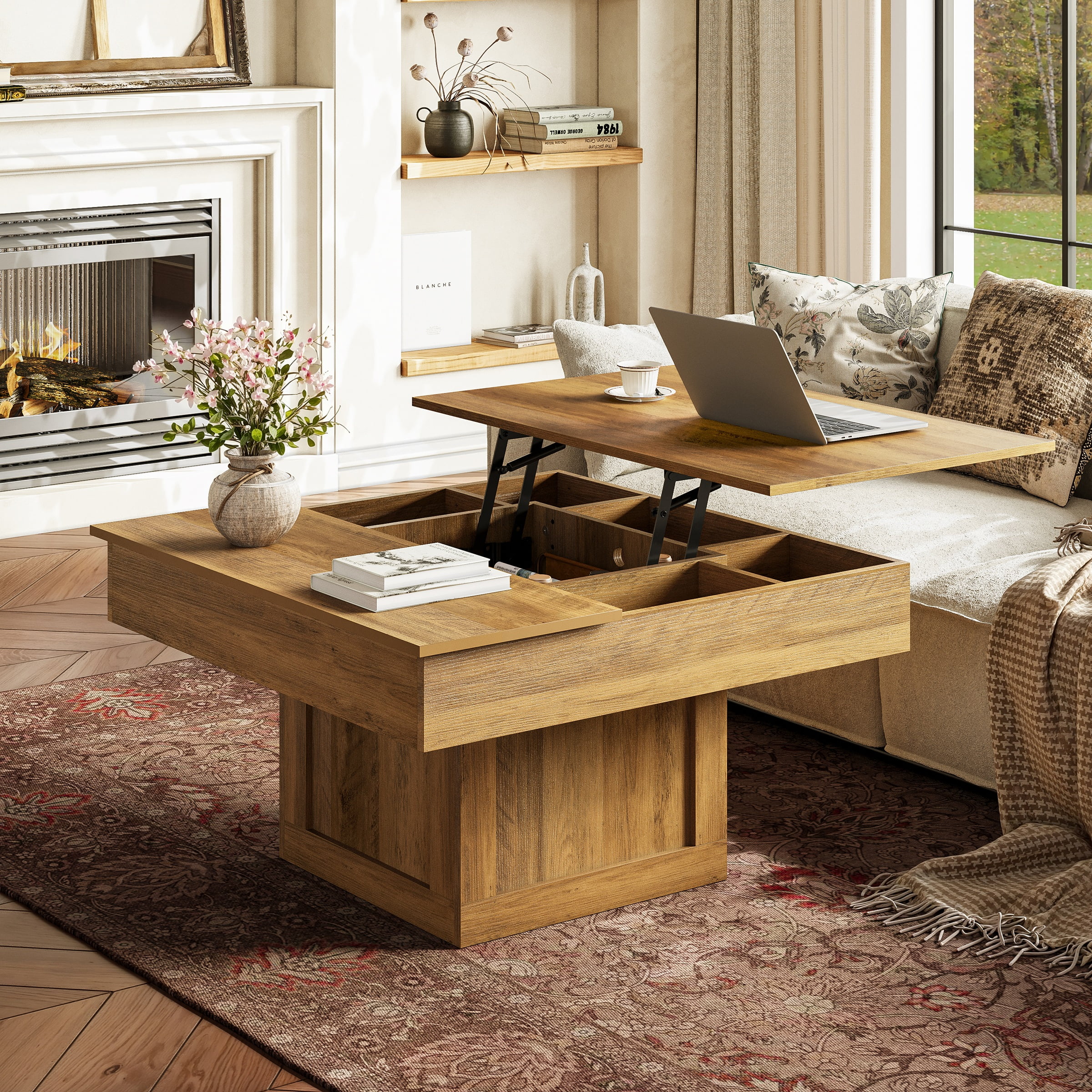 GUNAITO Lift Top Coffee Table with LED Lights, Modern Farmhouse Center Table with Storage, 31.5''Hx31.5''Wx19''D, Light Brown