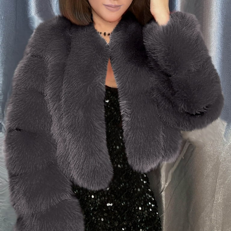 Elabch Women Fluffy Faux Fur Coat Cropped Puffer Jacket Zip Up