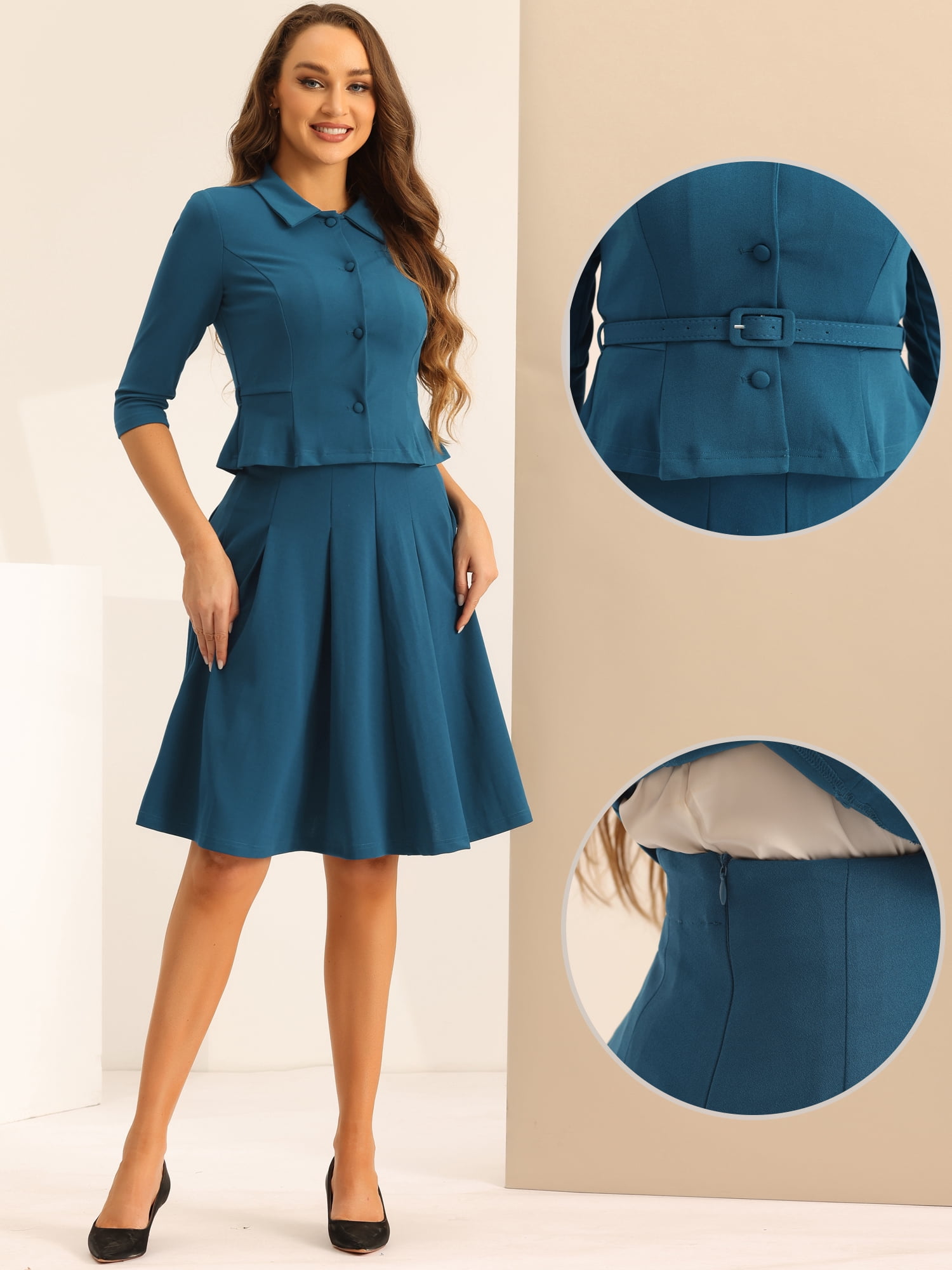 DARING DIVA Women's 2 Pcs Long Sleeve Jacket Pleated Skirt Suit Sets M Lake Blue