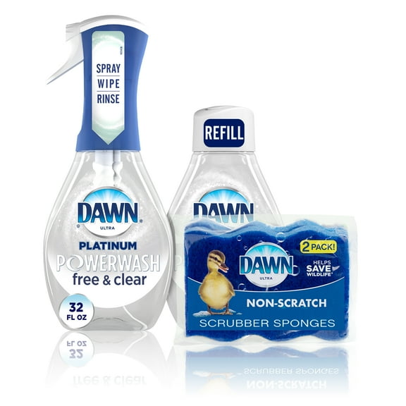 Dawn Free & Clear Powerwash Dish Spray, Dish Soap, Light Pear Scent Bundle, 1 Spray (16oz), 1 Refill (16oz)   Dawn Non-Scratch Scrubber Sponge (2 count), 1 set