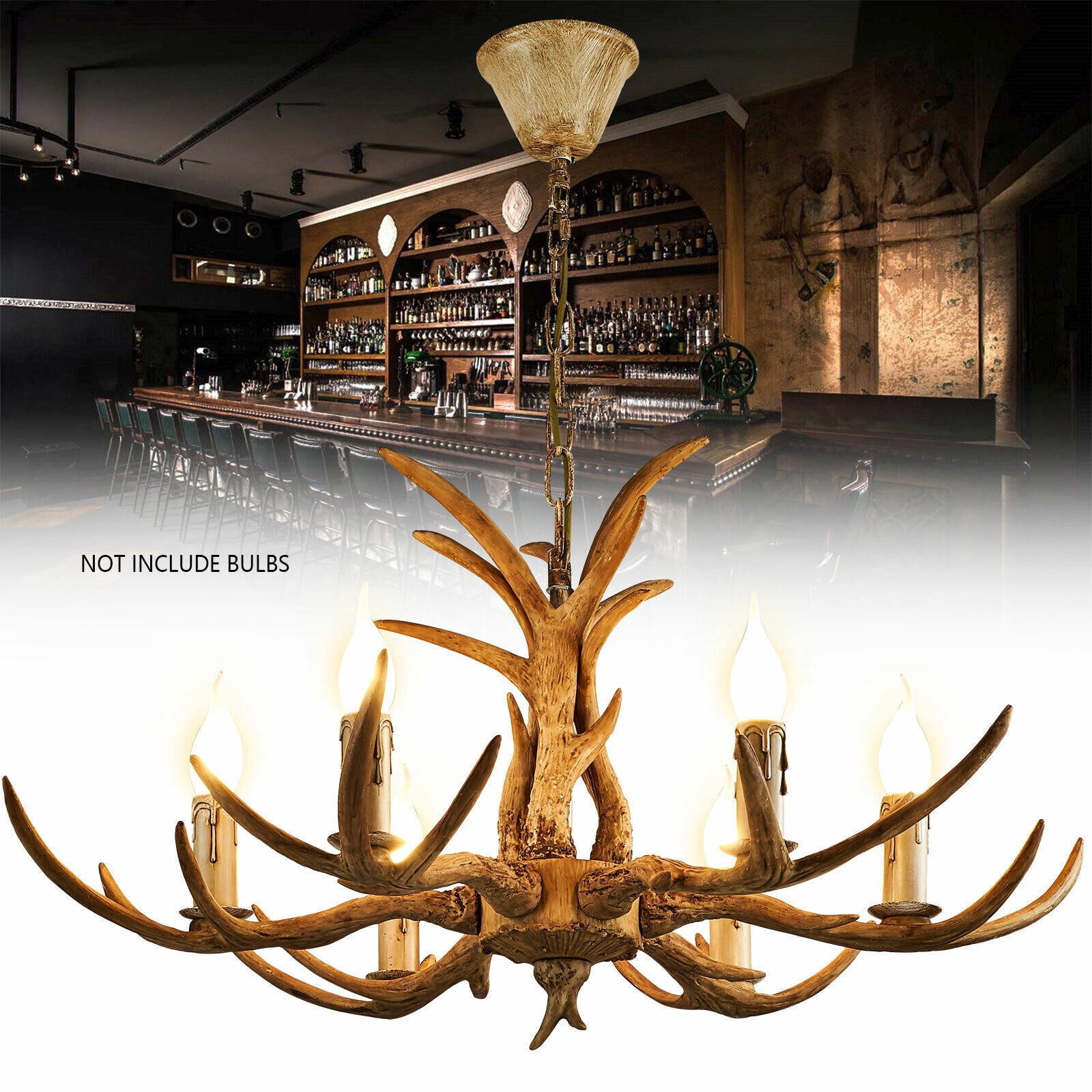 6-Lights Resin Rustic Deer Horn Shape Pendant Light Ceiling Lamp Fixture