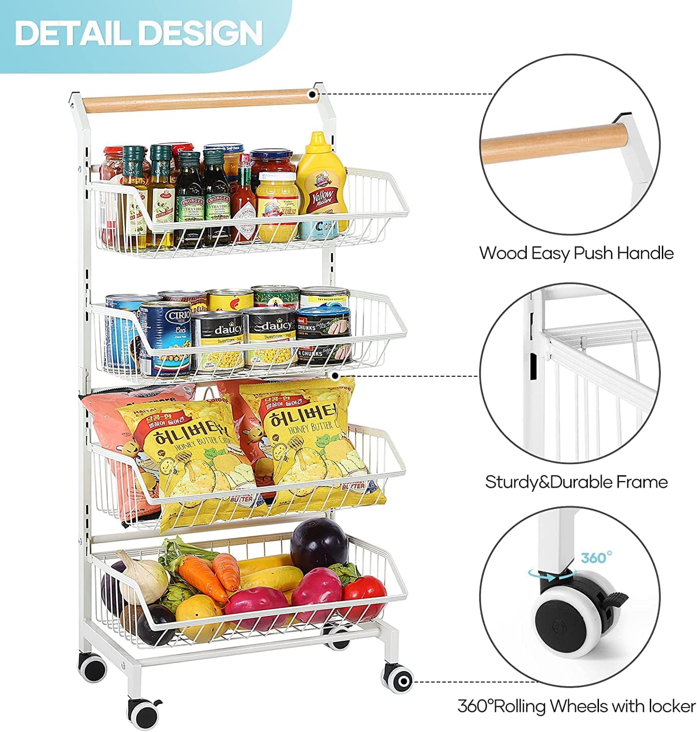 Werseon 4 Tier Fruit Vegetable Storage Basket, Fruit Vegetable Cart with  Solid Wood, Kitchen Storage Rack with Rollers for Pantry