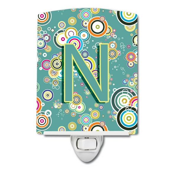Letter N Circle Circle Teal Initial Alphabet Ceramic Night Light