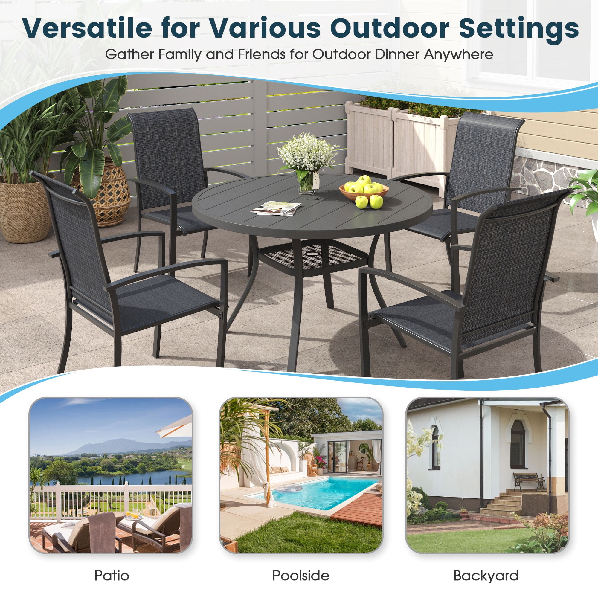 Vicllax Patio Outdoor Dining Chair Stackable Deck Porch Chair Set of 6 Metal Minimalist Style Black