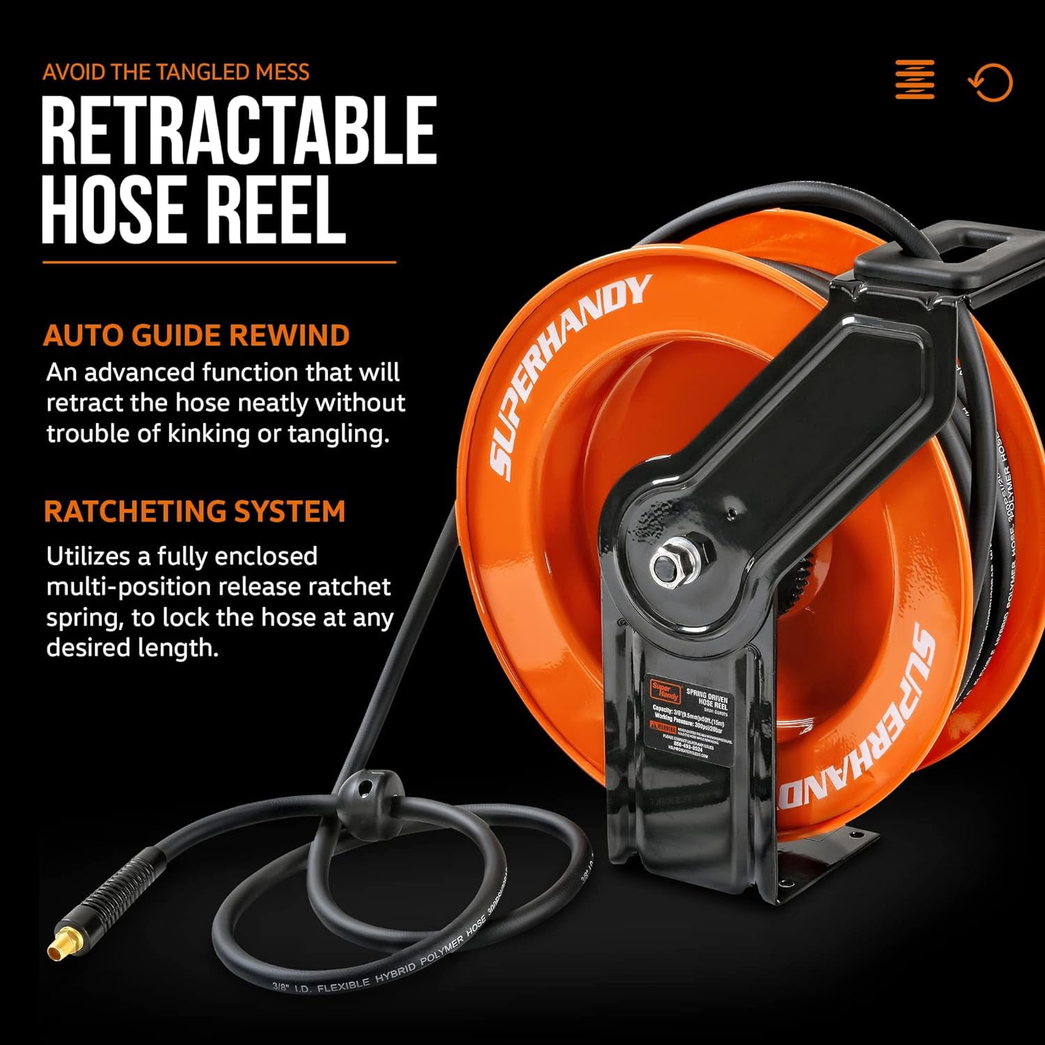 SuperHandy Industrial Retractable Air Hose Reel (Upgraded Design) - 3/8" x 50'FT, 1/4" NPT Connections, Single Arm