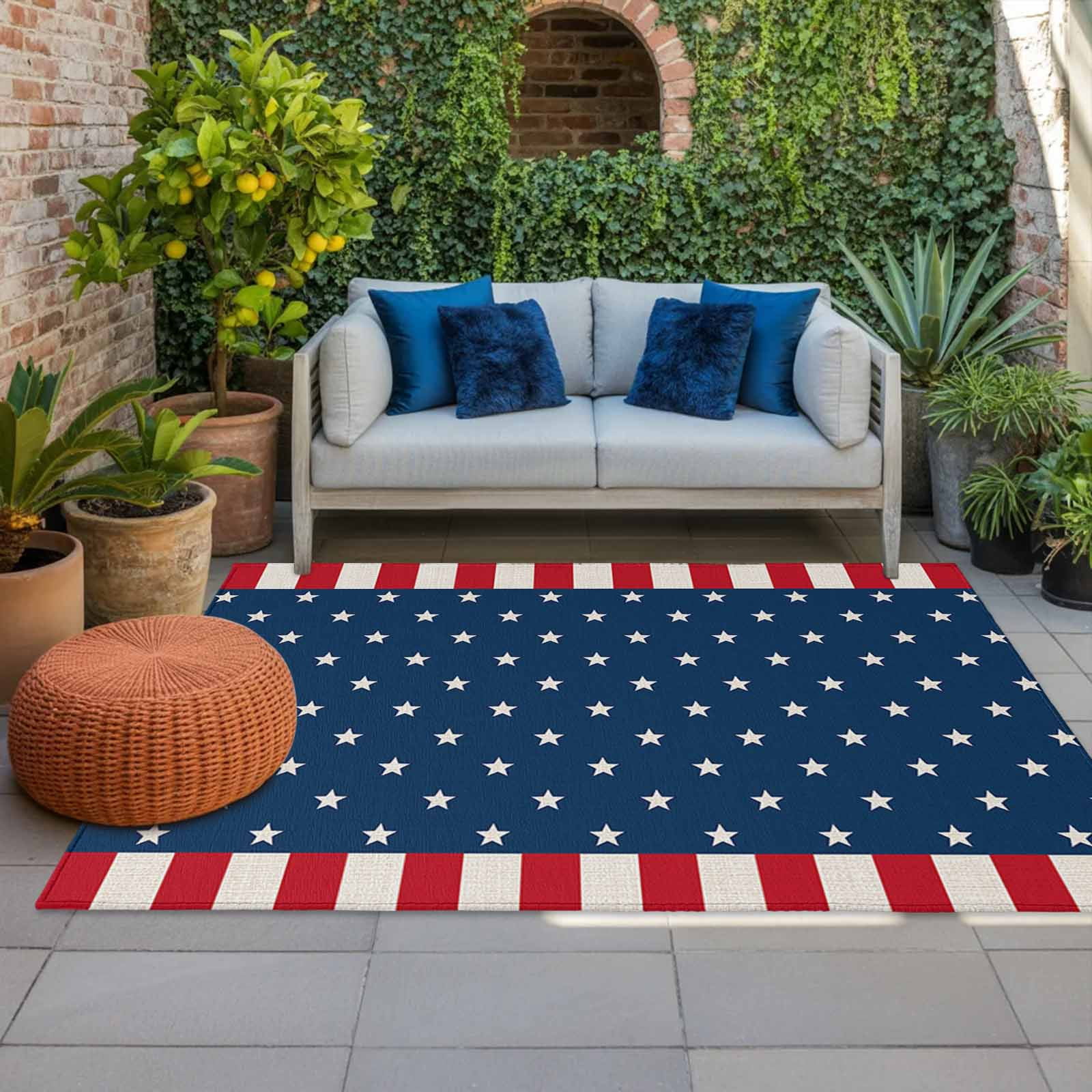 4' x 6' Outdoor Rug, Independence Day American Flag Outdoor Washable Rug Large Floor Carpet, White Star Red Stripes Non Shedding Area Rug for Outside Patio RV Porch Deck Balcony Camping Living Room