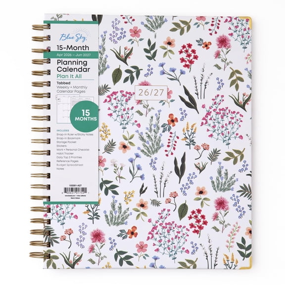 Blue Sky 15 Month 2026-2027 Weekly and Monthly Academic Year Planner Calendar, April 2026 - June 2027, 8.5" x 11", Storage Pocket, Snap-in Ruler w/Sticky Notes & Sticker Sheet, Londonberry White