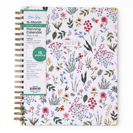 Blue Sky 15 Month 2026-2027 Weekly and Monthly Academic Year Planner Calendar, April 2026 - June 2027, 8.5" x 11", Storage Pocket, Snap-in Ruler w/Sticky Notes & Sticker Sheet, Londonberry White