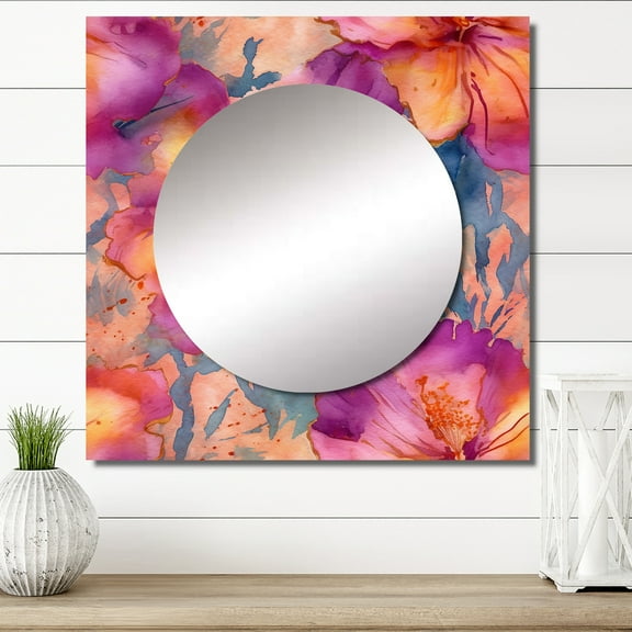 Designart "Lavender Sunburst Flowering Beauty" Floral Hibiscus Square Mirror For Wall Decor - Large Purple Square Printed Wall Mirror Art - Wall Mounted Square Large Mirror