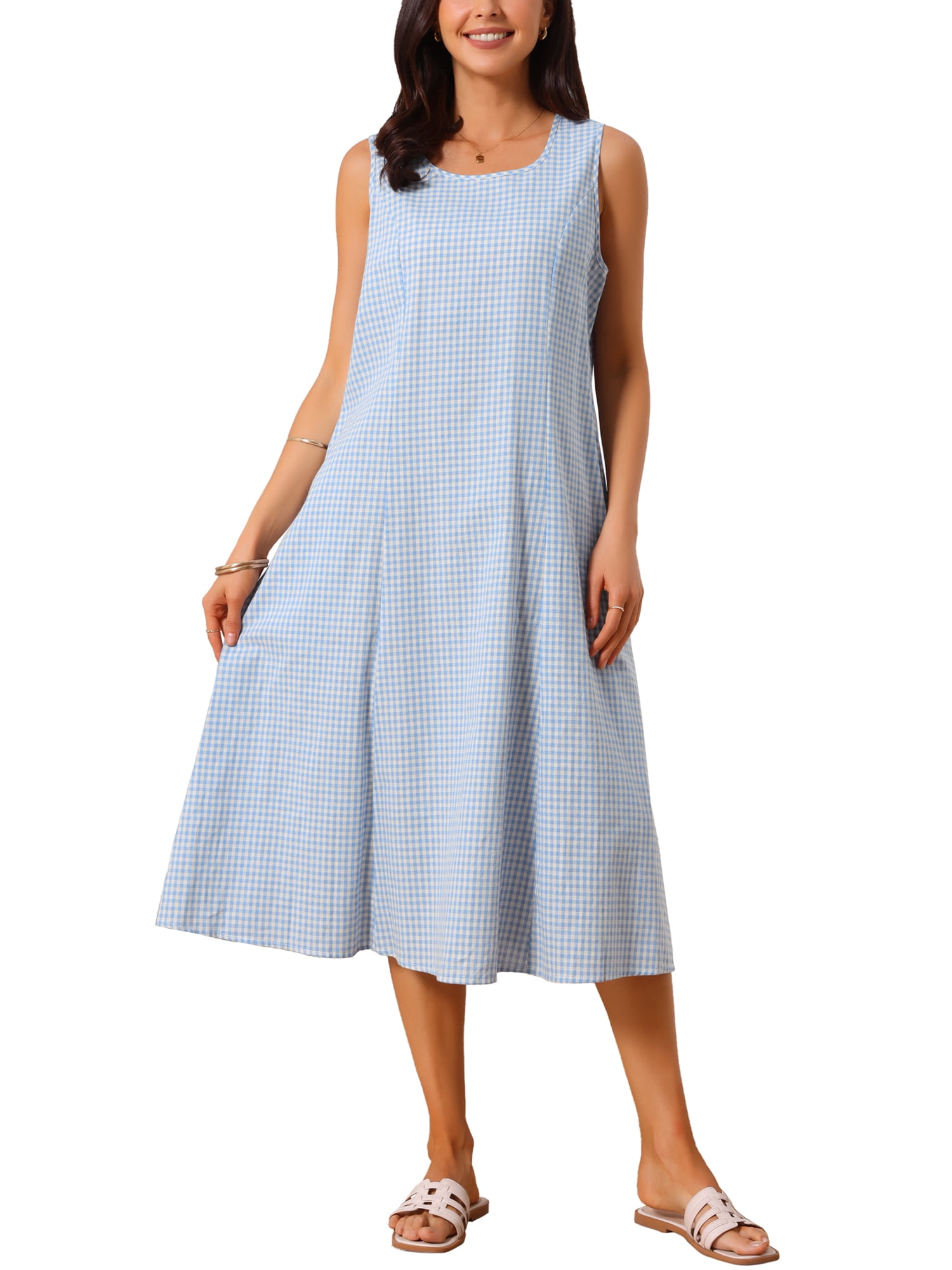 DARING DIVA Plaid Sleeveless Loose Fit Tank Midi Dress S Light Blue