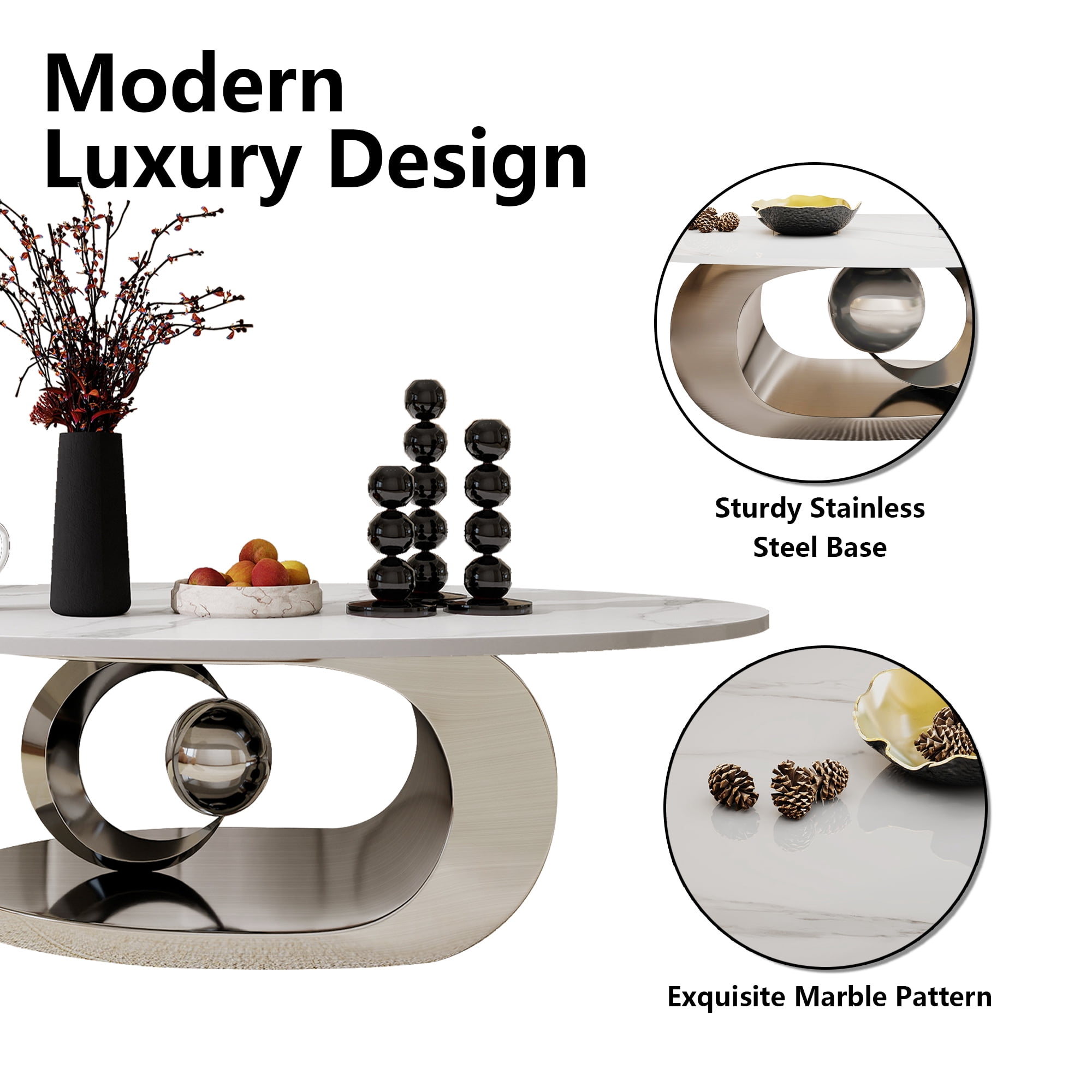 Oval Coffee Table Modern Minimalist Faux Marble Top with Sculptural Grey Stainless Steel Base Luxury SpaceSaving Design art deco coffee table 51.2"L x 27.6"W