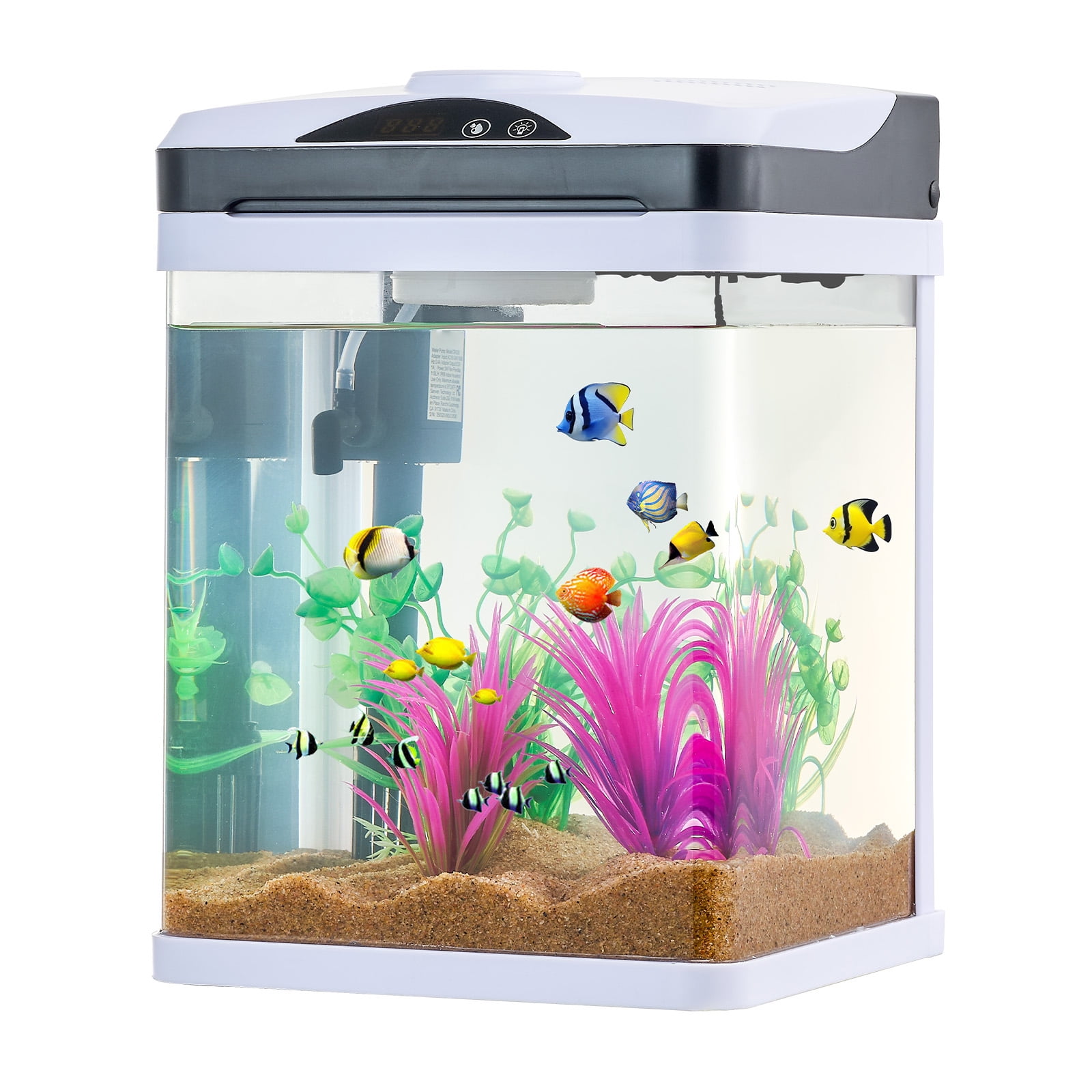 KFFKFF 2-Gallon LED Glass Aquarium with Temperature Display, Adjustable 7-Color Lighting, Self-Cleaning System for Freshwater and Saltwater Fish, Ideal for Home, Office, and Pets