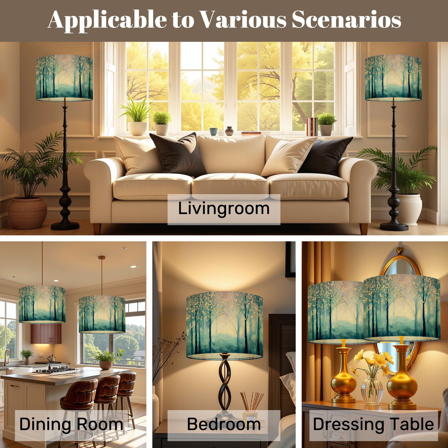 Lampshades 2 Pack Teal Landscape Blue Forest Textured Panoramic Abstract Nature Abstract 13"x13"x10" Light Shade for Table Lamps Floor Lamps Drum Lamp Shades Lampshade Replacement Easy Assembly
