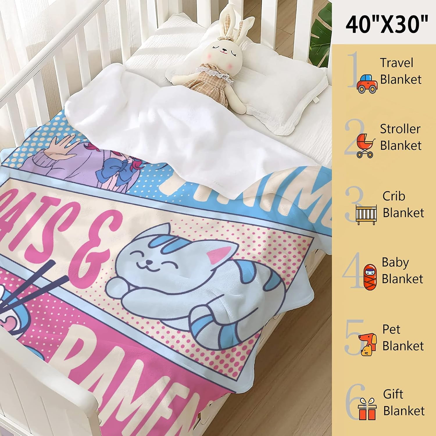 Kawaii Anime Blanket for Girls and Women - Just A Girl Who Loves Cats and Ramen - Flannel Anime Lover Gift, Luxurious Warm and Cozy for Teens/Travel, 50x60 Inch
