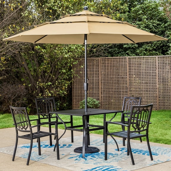 MF Studio 6-Piece Outdoor Dining Set with 10 ft 3-Tier Umbrella, 4 Stack-able Chairs & Square Table for 4-Person, Black & Beige