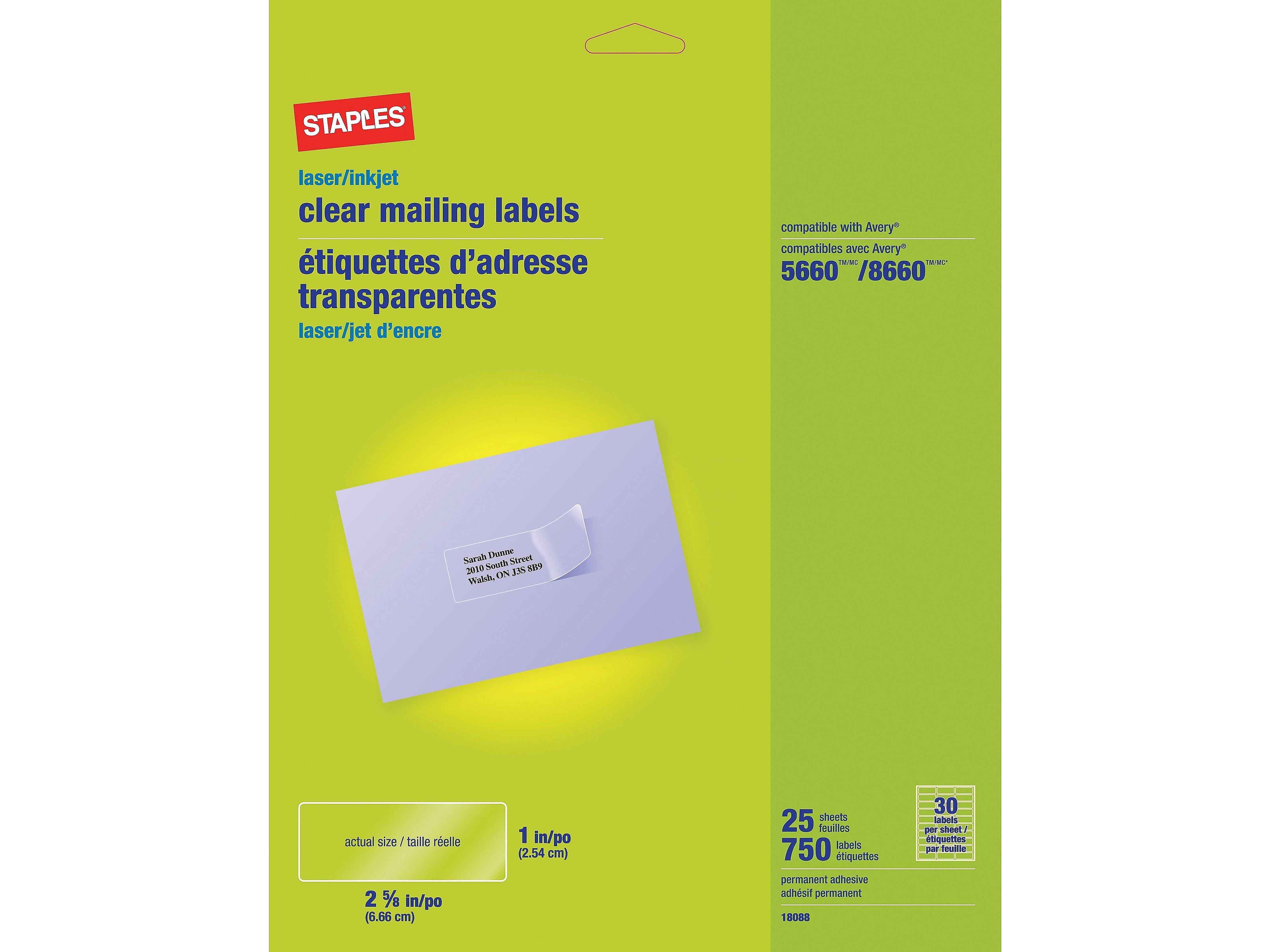 Staples Laser/Inkjet Address Labels 1" x 2 5/8" Clear 30 Labels/Sheet