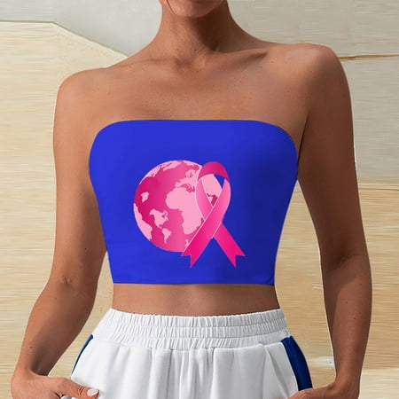 WDZUDU Tube Tops Basic Crop Tops for Women Strapless Tank Breast Cancer Awareness Pink Ribbon Graphic Bandeau Bra Casual Tunics Short Shirts Blue