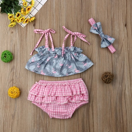 

Puloru Newborn Baby Girl Flamingo Strap Tops Ruffle Shorts Sunsuit Summer 3pcs Outfits Set 0-24Month
