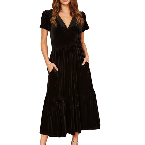 CharmCyan Women’s Velvet Midi Dress with Puff Short Sleeves V Neck Tiered Skirt and Relaxed Fit for Casual or Formal Wear Black L