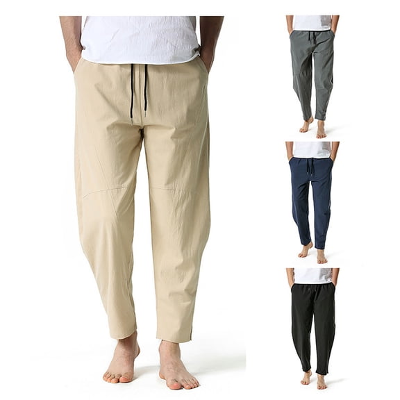 Hinvhai Mens Casual Pants Elastic Waist Drawstring Linen Lightweight Loose Fit Pants Summer Beach Yoga Trousers Navy 10(XL)