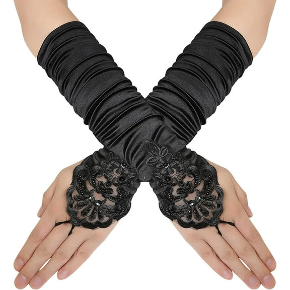 YooGuoGuo Short Opera Party 20s Fingerless Satin Gloves Tea Party Stretchy Adult Size Elbow Length