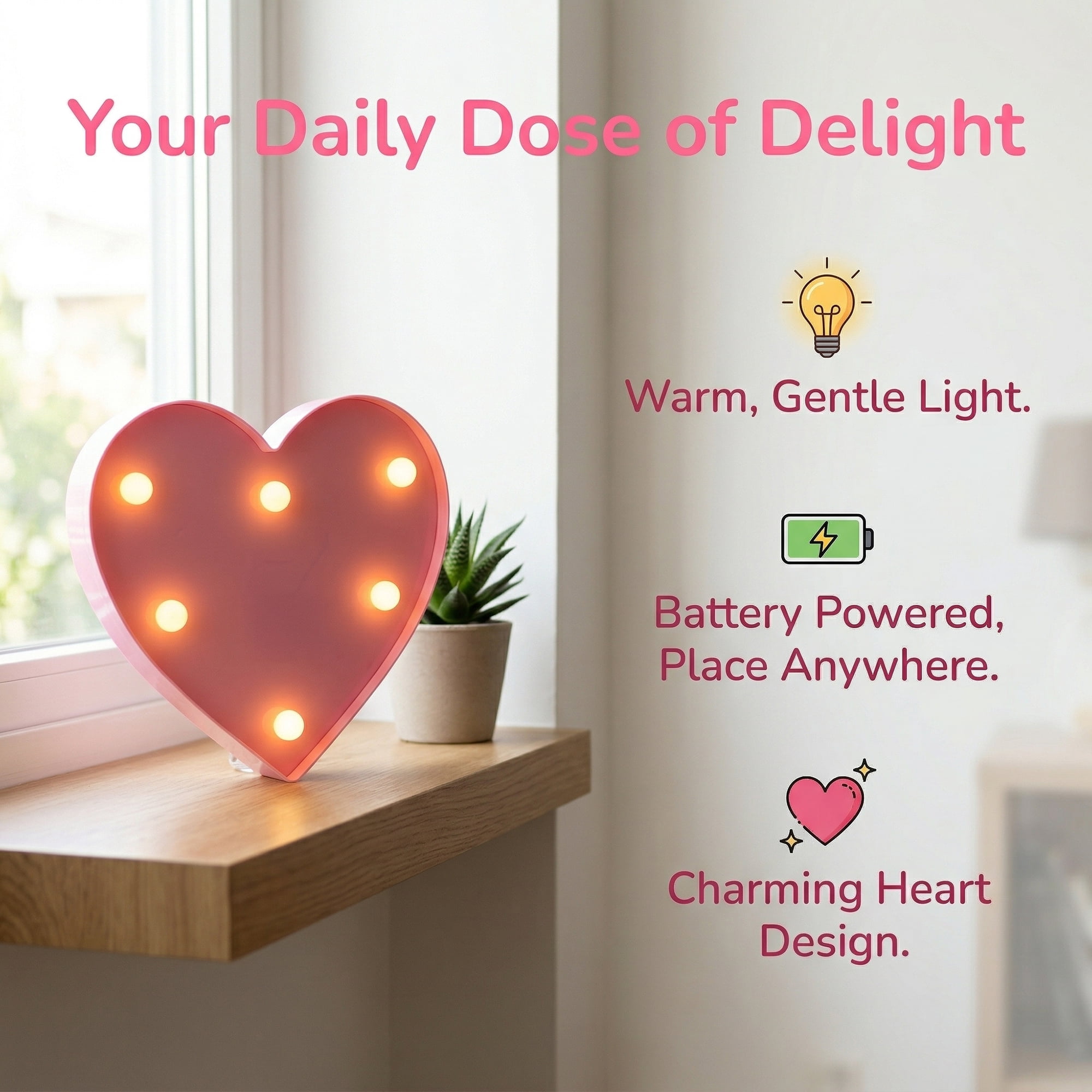 Unique Bargains Small Heart Marquee Light Up Sign LED Heart Lamp Pink 6.5" x 1" x 5.9"