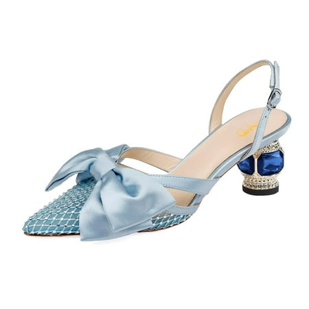 

XYD Women Pointy Toe Slingback Pumps with Satin Bowknot Mesh Chunky Low Heel Sandals Crystals Dress Wedding Shoes Size 10 Sky Blue