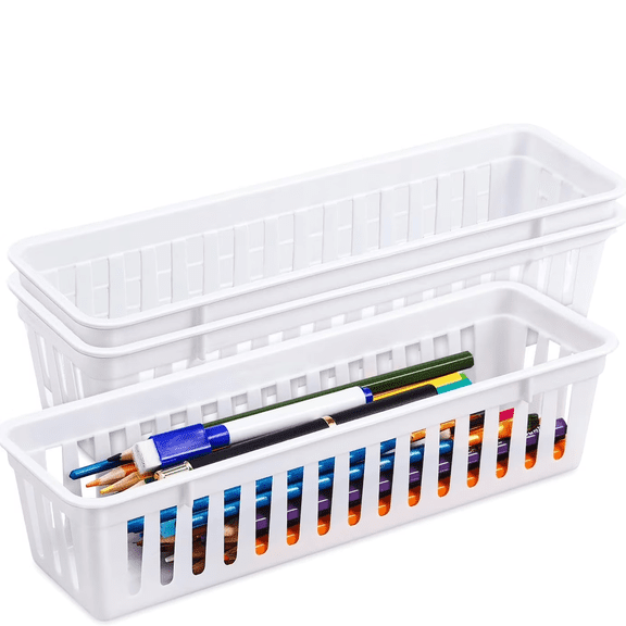 YEMNPIOS White 3 Pack Slim Plastic Storage Baskets, 10.25 x 3.25 x 2.5 Inch Narrow Stackable Drawer Organizer Trays for Desk, Cabinet, Garage