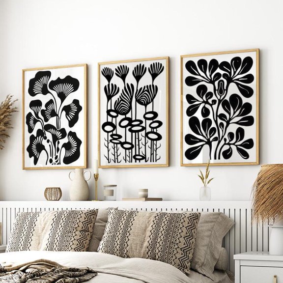 Luvia Black Abstract Botanical Line Art Print Or Set Of 3 Poster, Boho Floral Minimalist Wall Decor, Black And White Floral Tropical, Modern Wall Decor Set 3 Prints 8x12 UNFRAMED