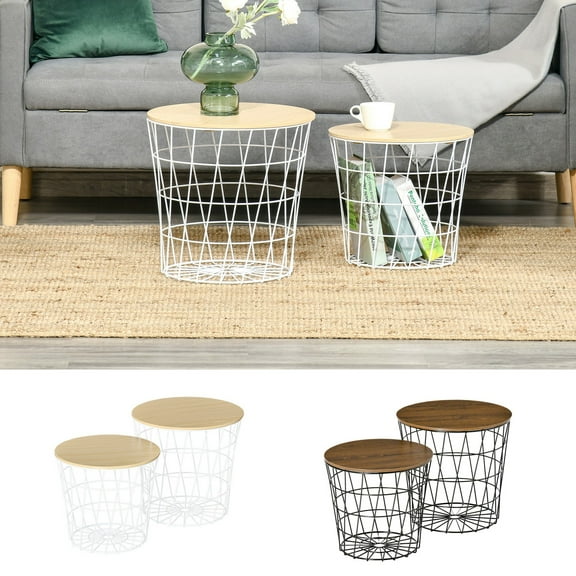 GHooa Set of 2 Nesting End Tables Round Side Tables with Storage-Black, Rustic Brown