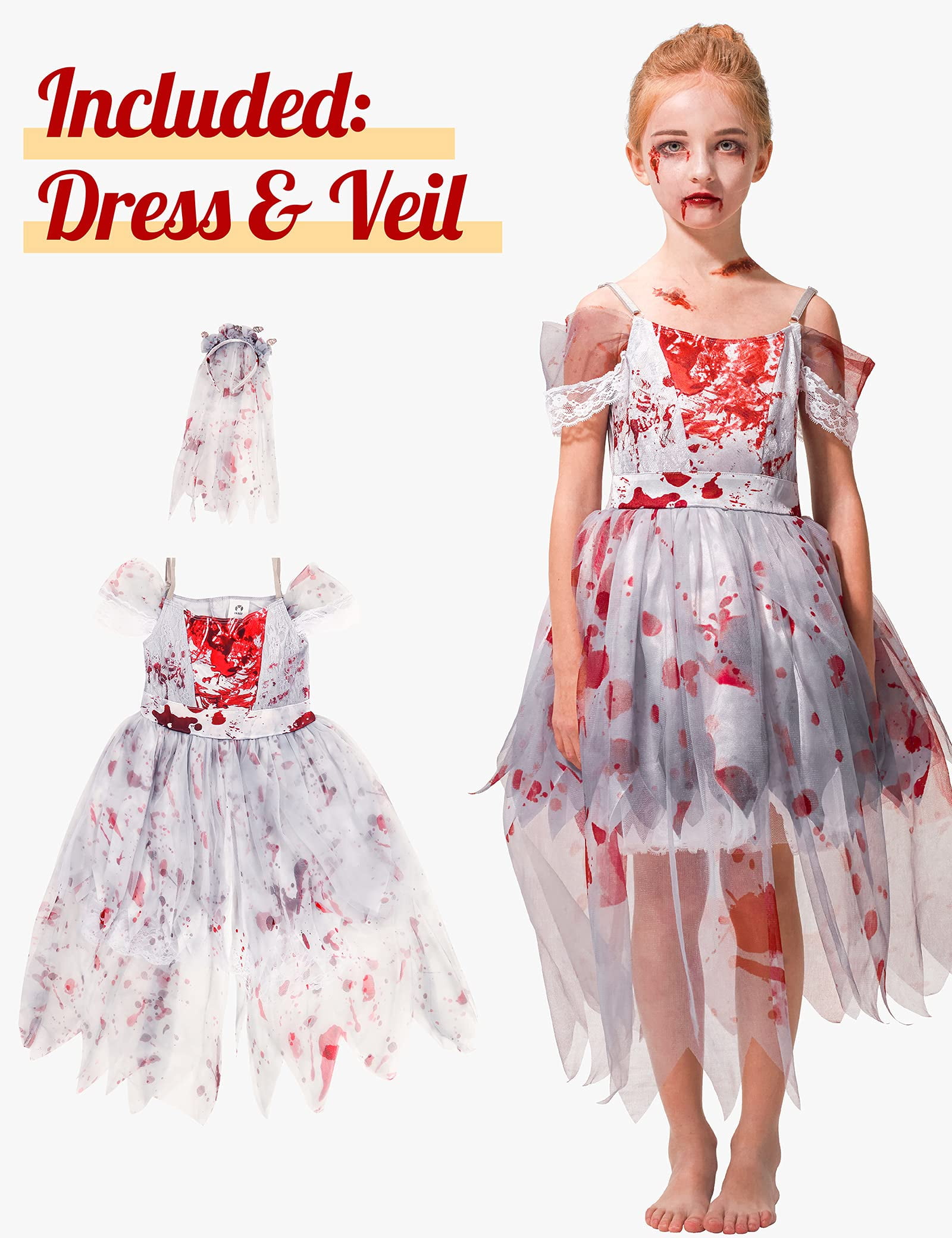 IKALI Zombie Bride Costume for Girls Women Family Matching Halloween Prom  Corpse Gown Novelties Fancy Dress Outfits 2PCS 