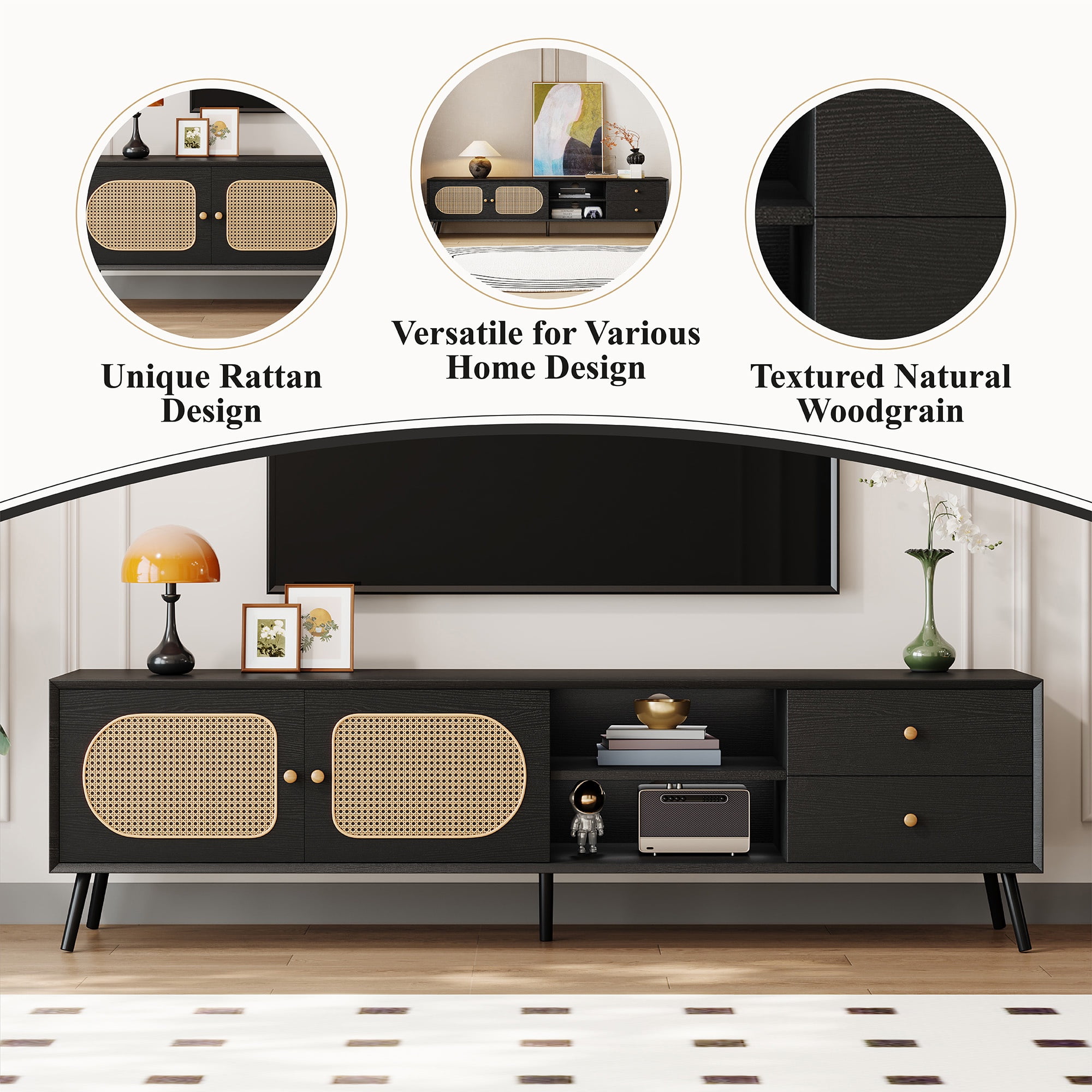 PAPROOS TV Stand for 80 inch TV, TV Cabinet with 2 Drawers & Rattan Door, Mid Century TV Console Table with Storage Cabinets, Entertainment Center for Living Room, Office, Black