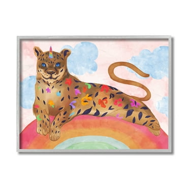 Stupell Industries Fantasy Jungle Cat On Mystical Rainbow Grey Framed, 11 x 14, Design by Daphne Polselli