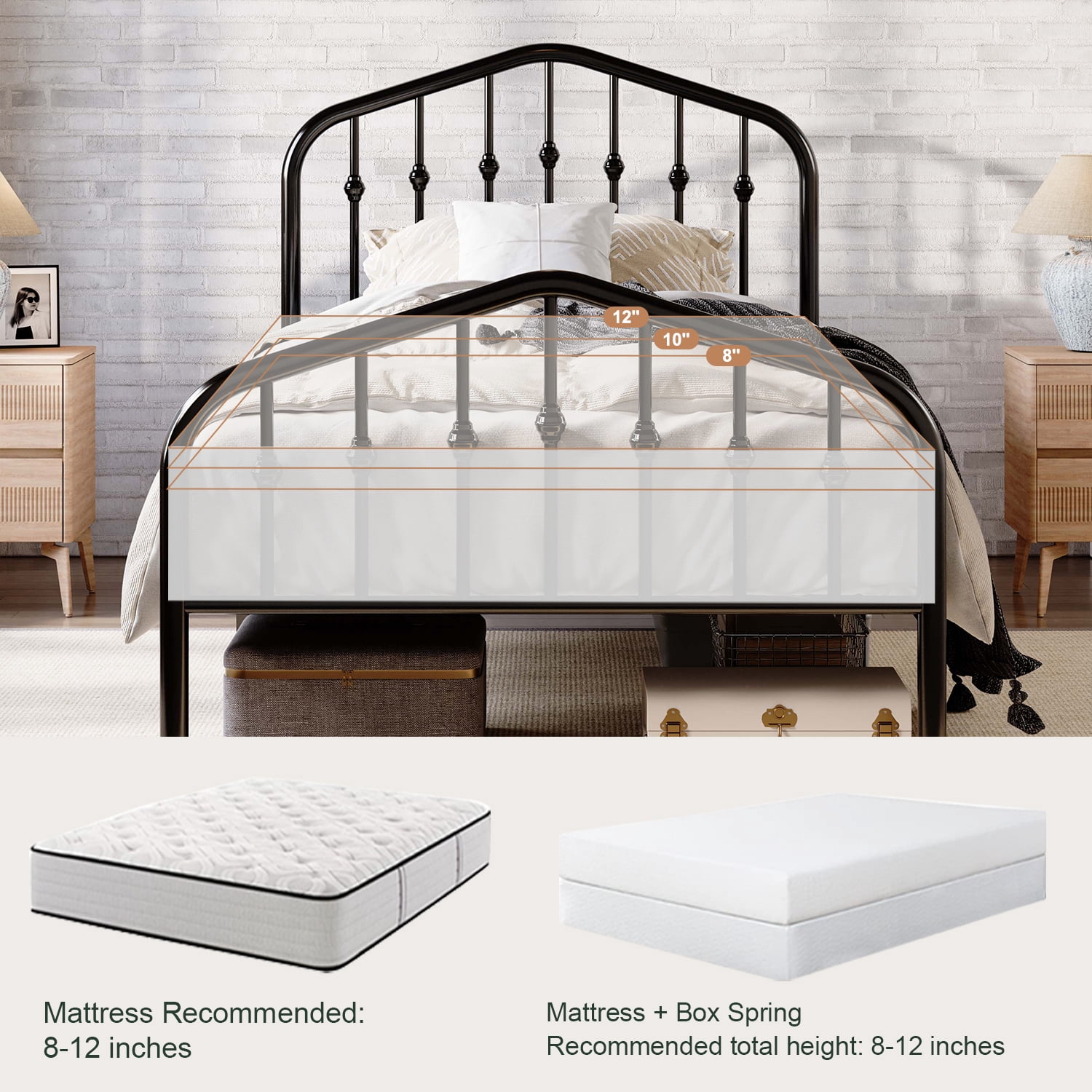 Amolife Twin Size Bed Frame, Heavy Duty Metal Platform Bed with Victorian Vintage Headboard & Footboard, Black